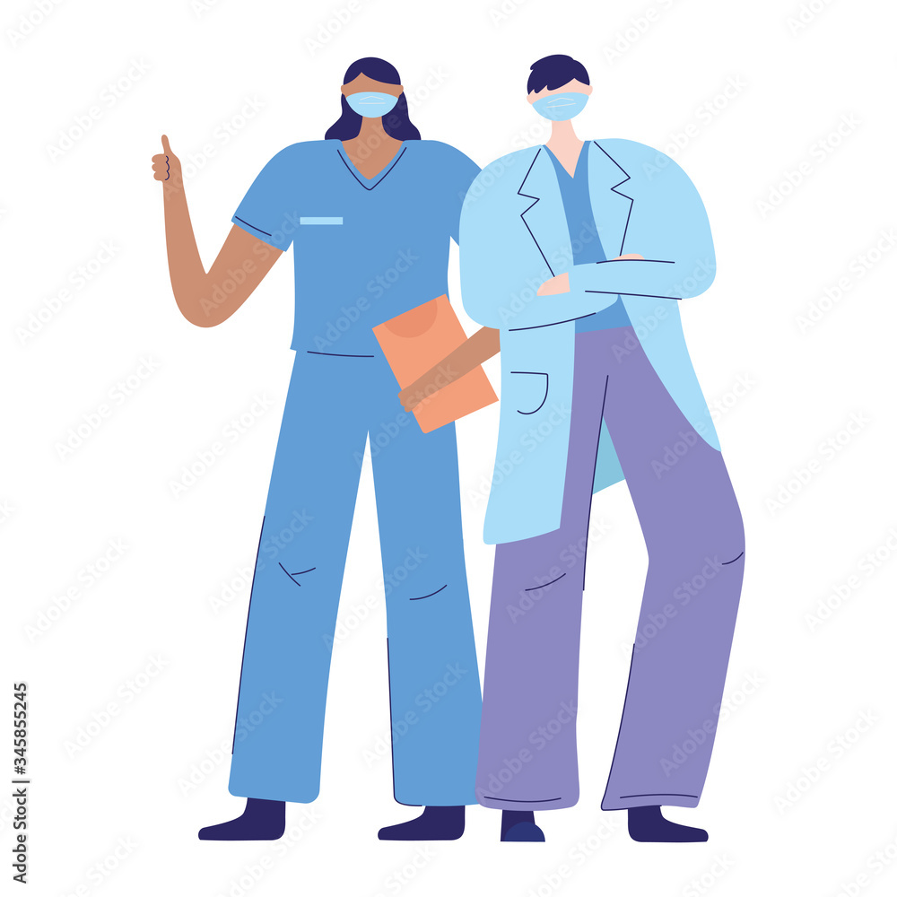 thanks doctors nurses, female nurse and male physician with protective mask medical and report
