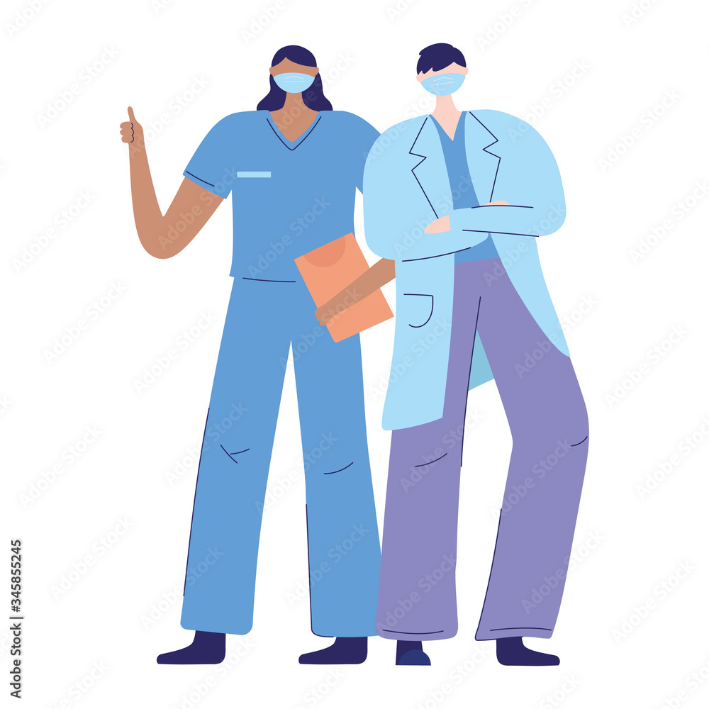 thanks doctors nurses, female nurse and male physician with protective mask medical and report thanks doctors nurses, female nurse and male physician with protective mask medical and report