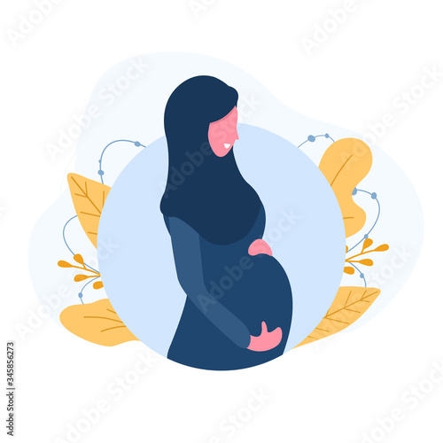 Muslim pregnant woman wearing abaya and blue hijab. Modern flat style vector illustration isolated on white background.