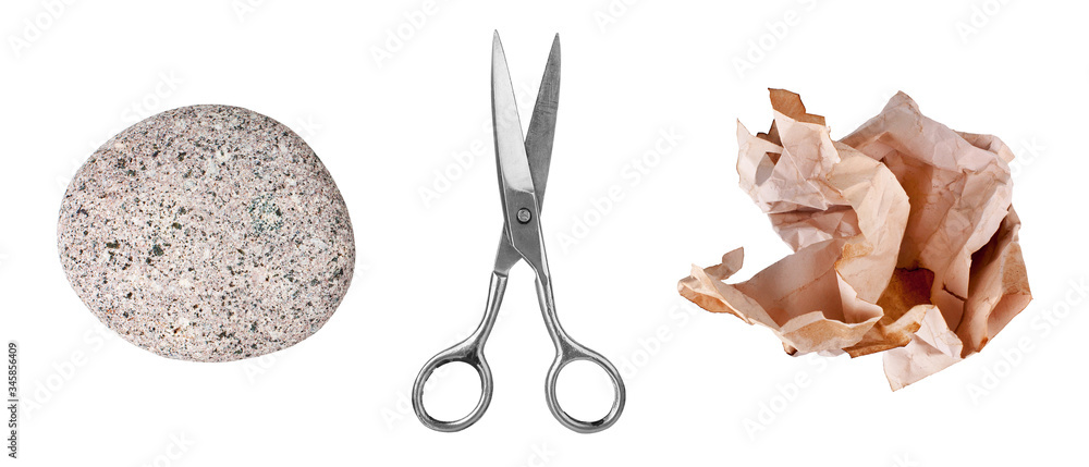 Stone, paper, scissors game set white background isolated closeup,  rock-paper-scissors play, question & answer concept, choose problem solution,  decision choice, make wish, desire symbol, dispute sign Stock Photo