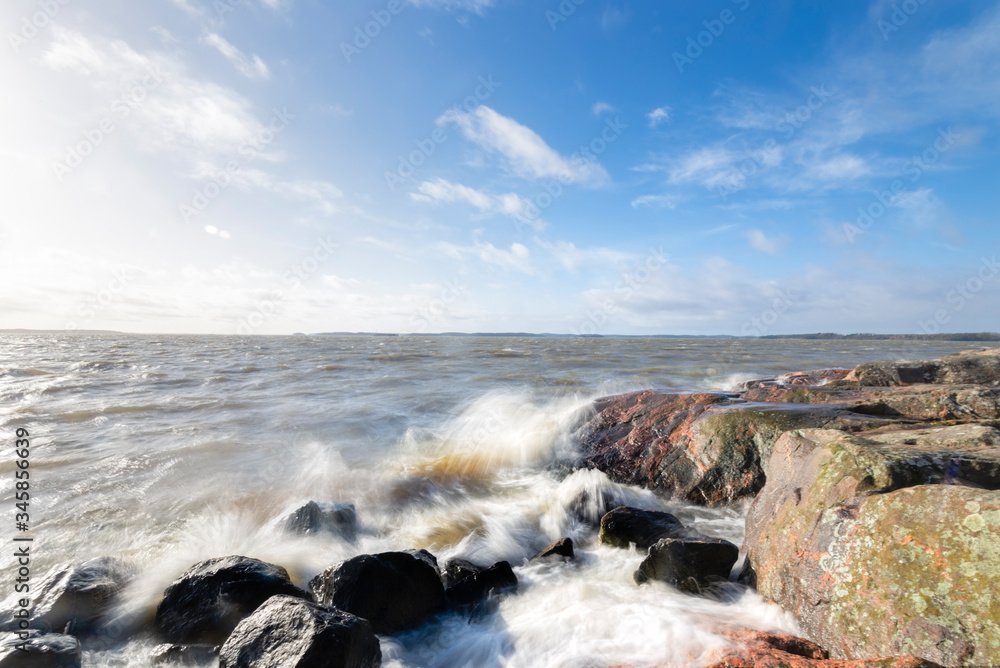  Seascape of rocks and waves in Finland coast.