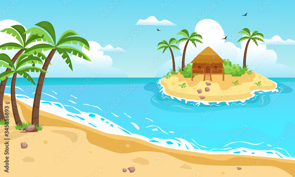 Tropical island with cottage. Yellow sandy beach with palm trees, in center an exotic islet with brown bungalows, sky with clouds and seagulls, blue ocean, bay with waves. Vector graphics flat.