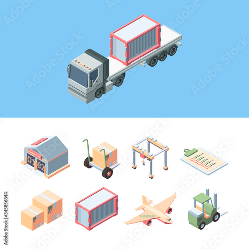 Set delivery cargo isometric. Express service of cargo deliveries truck, plane, shipment of parcels by forklift to a warehouse, filling declaration, moving crane. Vector illustration.