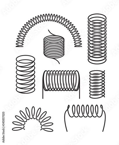Spring metal set. Twisted spiral semicircular coil, flexible spring wire compressed under pressure rebound, elastic energy compression expansion. Vector silhouette graphics.