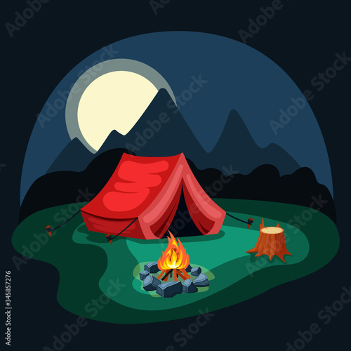 Tent at night in the camp. Red tent on green meadow with campfire, wooden stump with remains of bark, night mountains with moon, symbol of travel and tranquility. Vector graphics in flat style.