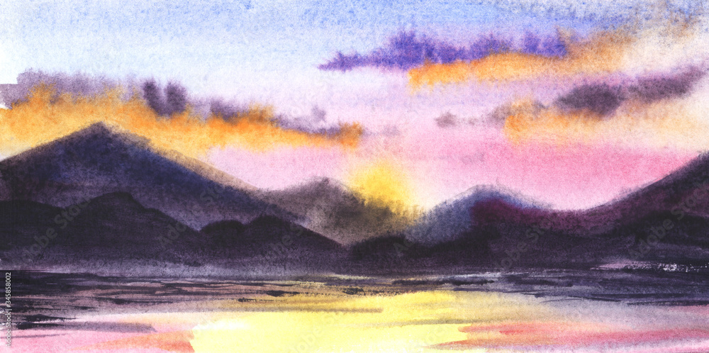 Picturesque watercolor landscape of mountain lake. Bright sunset clouds of orange and purple shades above dark outlines of mountain range and calm lake surface. Hand drawn summer illustration