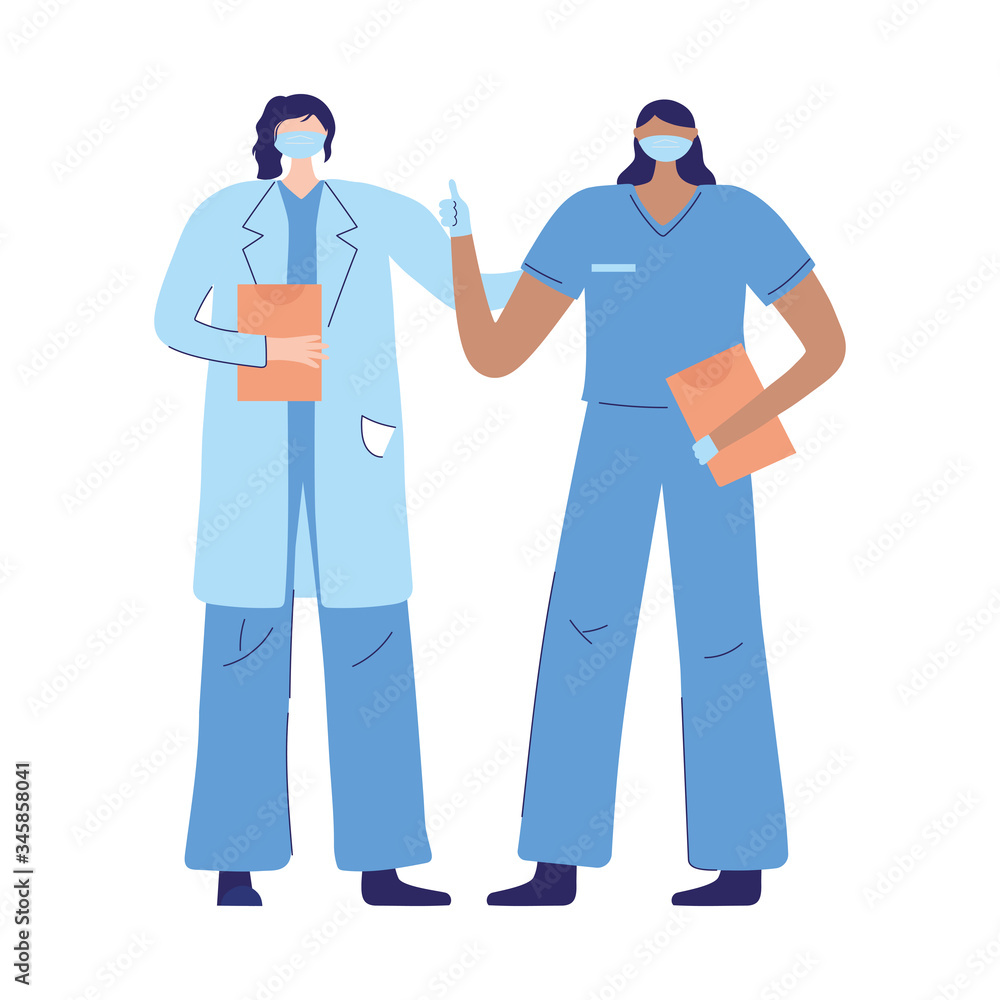 thanks doctors nurses, female physician and nurse with masks and medical report thanks doctors nurses, female physician and nurse with masks and medical report