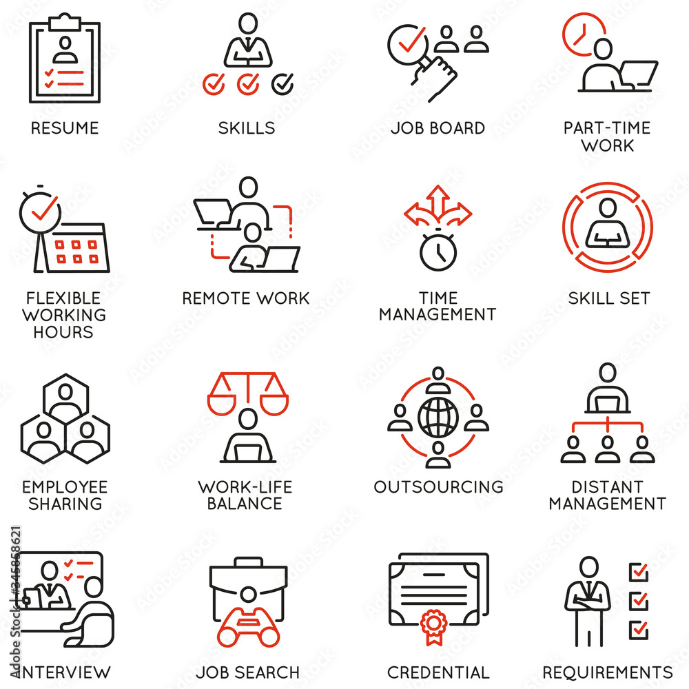 Vector Set of Linear Icons Related to Remote Work from Home, Freelance Worker with Laptop, Workspace, Online Job. Mono Line Pictograms and Infographics Design Elements