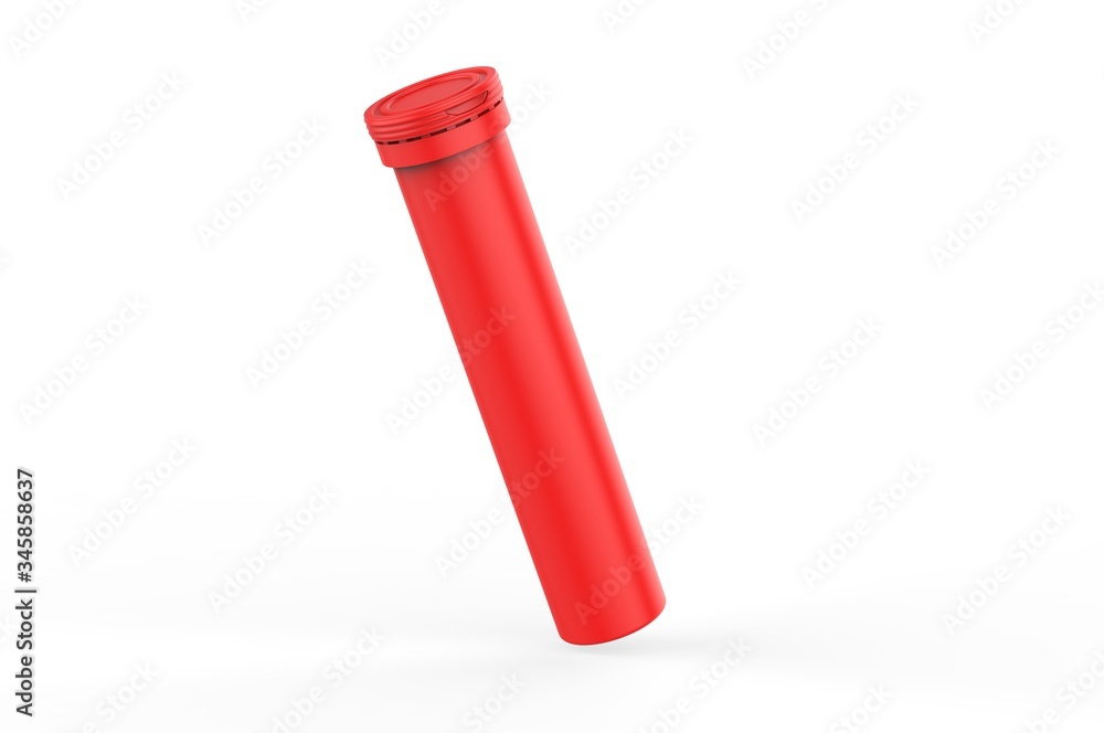 Blank Plastic Health Aid Supplement Vitamin Round Dissoluble Pills Tablet Tube Bottle With Desiccant Spring Cap Packaging for branding and mock up On White Background, 3d render illustration. Blank Plastic Health Aid Supplement Vitamin Round Dissoluble Pills Tablet Tube Bottle With Desiccant Spring Cap Packaging for branding and mock up On White Background, 3d render illustration.