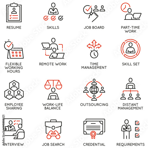 Vector Set of Linear Icons Related to Remote Work from Home, Freelance Worker with Laptop, Workspace, Online Job. Mono Line Pictograms and Infographics Design Elements