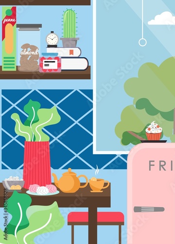 Stay at home kitchen interior vector poster template