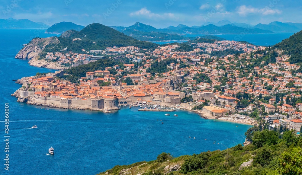 A panoramic view of the old and modern parts of the city of Dubrovnik, Croatia, looking north along the Dalmatian coast and Adriatic Sea.