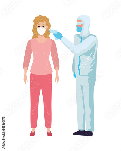 worker using biosafety suit with thermometer and woman