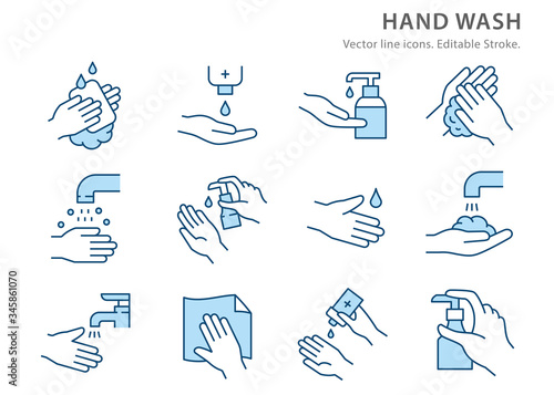 Hand washing line icon set. Vector illustration. Editable stroke.