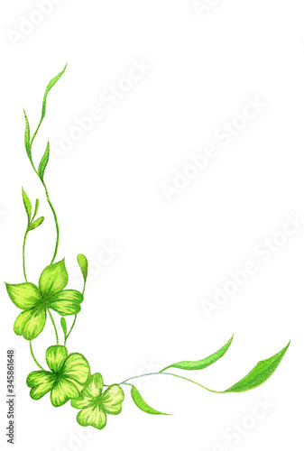 Hand painted green watercolor leaves decorative ornament isolated on the white background - corner