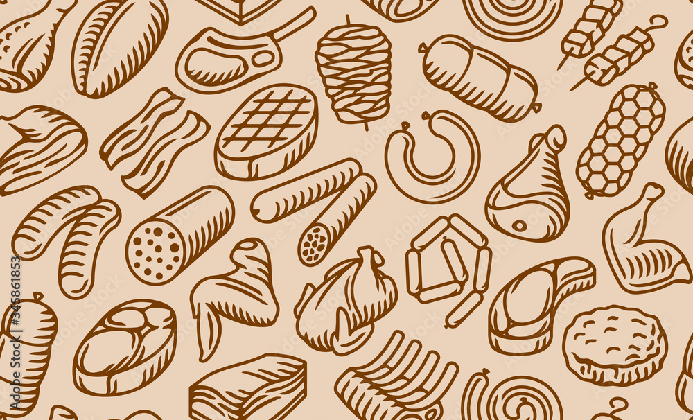 Meat and meat products seamless pattern for butchers, restaurans, cafe, groceries. Meat and meat products seamless pattern for butchers, restaurans, cafe, groceries.