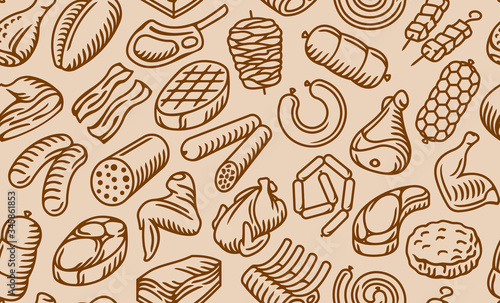 Meat and meat products seamless pattern for butchers, restaurans, cafe, groceries.