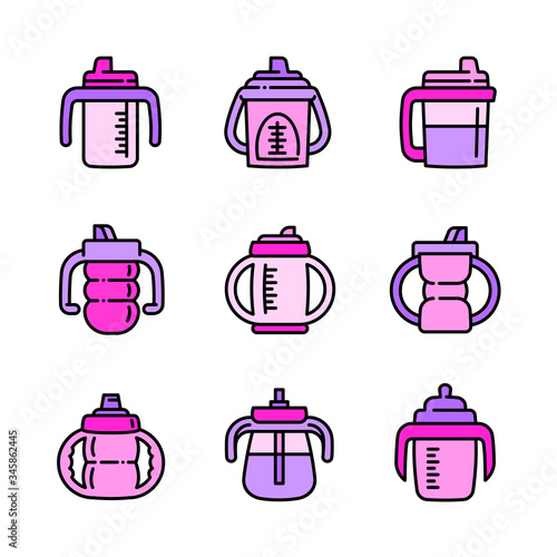 Sippy cup icons set. Outline set of sippy cup vector icons for web design isolated on white background