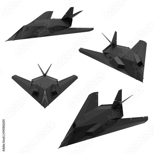 Set of stealth military aircraft. Black plane. 3D illustration.