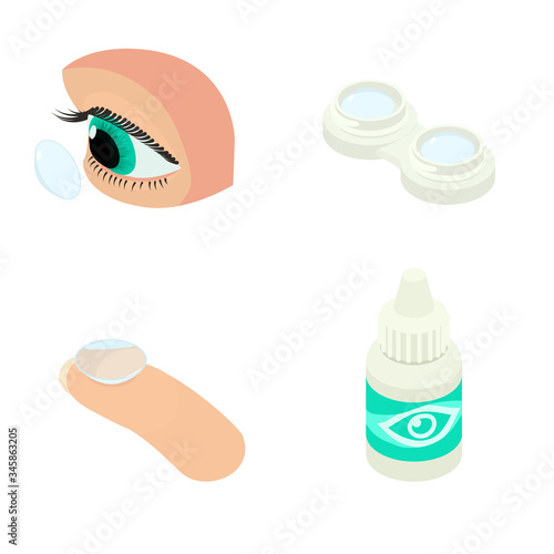 Contact lens icons set. Isometric set of contact lens vector icons for web design isolated on white background