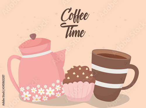 coffee time, tasty cupcake cup and kettle fresh aroma beverage