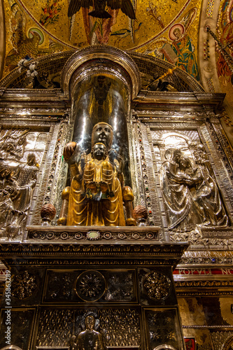 La Moreneta virgin, Montserrat monastery on mountain in Barcelona, Catalonia.