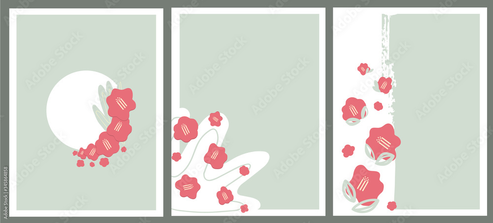 Vector set of three templates for greeting cards. Red japanese camellia on a green background drawn by hand. Cards for congratulations, invitations, celebrations. Vector set of three templates for greeting cards. Red japanese camellia on a green background drawn by hand. Cards for congratulations, invitations, celebrations.