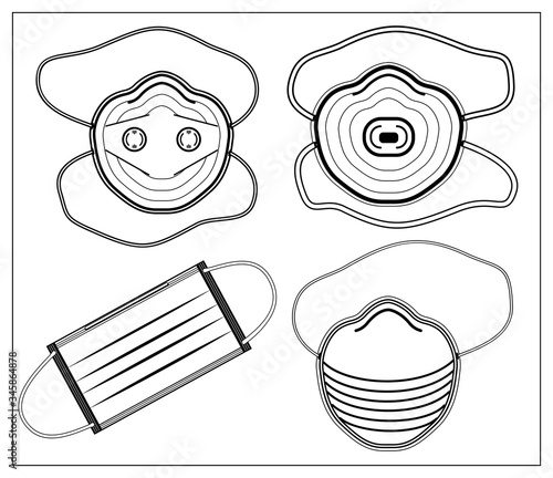Set of vector illustration with outlines of medical professional protective mask or respirator. For web, logo, app, UI