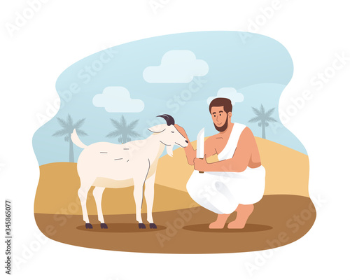 Muslim man sacrifice a goat during the pilgrimage (Hajj)