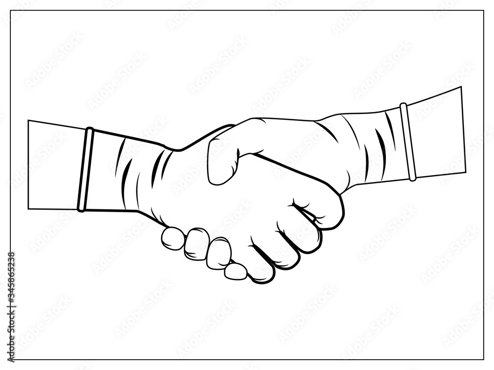 Vector illustration with outlines of handshake gesture in latex sanitary gloves. Stylized drawing for web, logo, app, UI