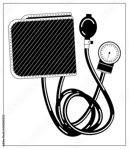 Vector illustration with outlines of medical Tonometer for measuring blood pressure. Drawing for web, logo, app, UI