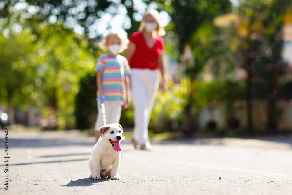 Obraz premium Family walking dog during virus outbreak