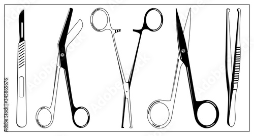 Vector illustration with outlines of Surgical Instrument. Scalpel, clamp, scissors, tweezers. For web, logo, app, UI