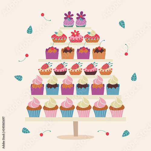 A large set of delicious and beautiful cakes. Vector illustration on a light background.