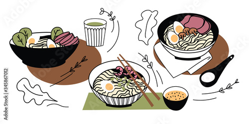 Ramen doodle set. Colorful vector Asian food isolated on a white background. Hand-drawn Chinese egg noodles.