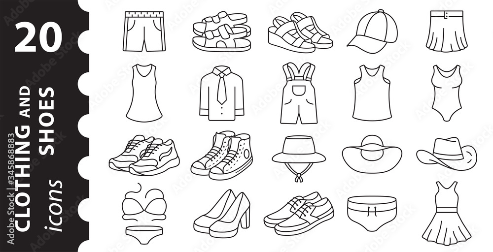 Clothing and shoes linear icons in the vector. Symbols in a simple flat style.
