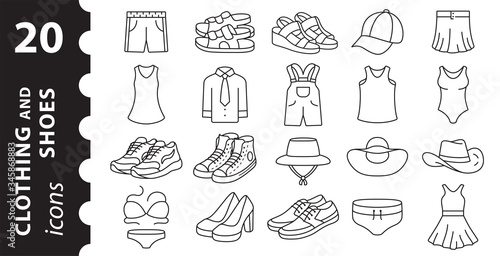 Clothing and shoes linear icons in the vector. Symbols in a simple flat style.