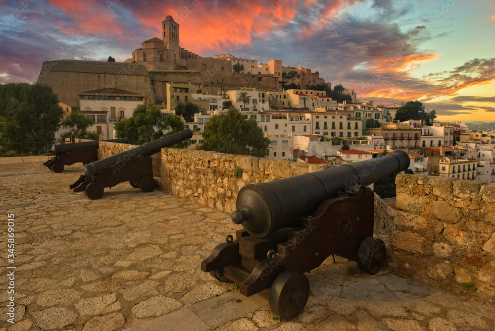 Cannons in Ibiza town at sunset, Balearic Islands