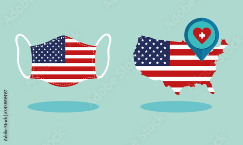 usa flag in map and face mask covid19 pandemic vector illustration design