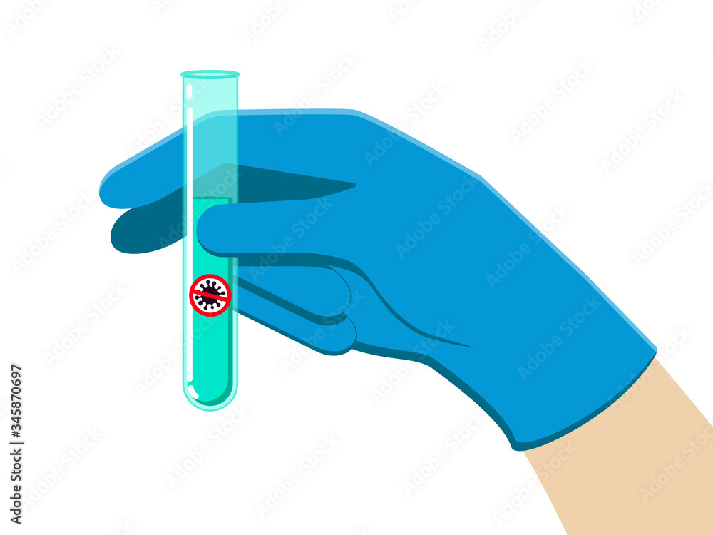 Hand in glove holding test tube with coronavirus vaccine. Vector illustration Hand in glove holding test tube with coronavirus vaccine. Vector illustration