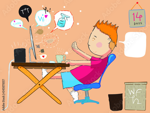 Epidemic disease concept. Coronavirus and people work from home under quarantine law 14 days.