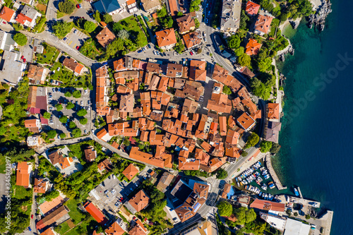 Croatia, Adriatic coast, beautiful old town of Lovran. historic center and coastline aerial overhead view, Kvarner bay
 photo