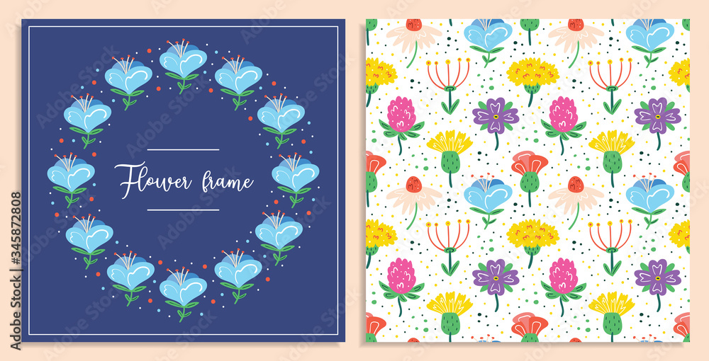 My little flower frame. Little multicolored wildflowers postcard. Flora design elements. Wild life, blooming flowers, botanic. Flat colourful vector illustration isolated on pink background.