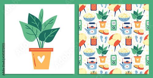Set of different cute lifestyle items. My house my rules. Cosy home. Plants, popcorn, Cute little blue kettle. Candle. Postcard. Flat colourful vector illustration, art isolated on green background.