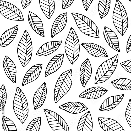Vector Floral Background. Print on white background. Monochrome seamless pattern with leaves. Geometric stylish background. Monochrome repeating texture with stylized leaves. Wrapping paper or fabric.