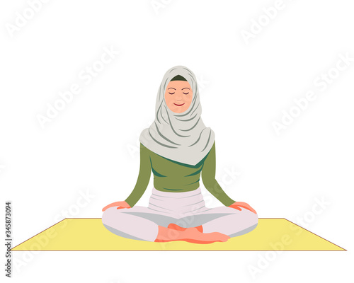 Yoga.  Muslim woman in meditation with closed eyes sitting cross-legged on the floor. Yoga at home, relaxing spiritual practice and breathing exercises. Flat cartoon colorful vector illustration