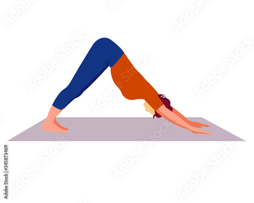 yoga. Assana is a dog face down. girl in yoga pose on the carpet. Yoga classes at home - quarantine, coronavirus. Vector yoga illustration on a white background.