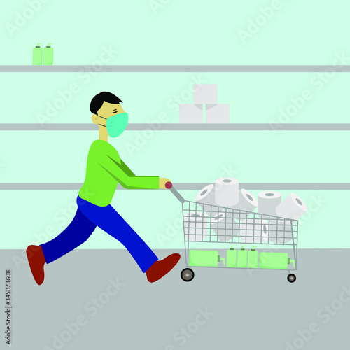 Panic buy in COVID-19 Coronavirus outbreak crisis, people hoarding on curfew and lockdown concept, panic man running in fear with full of goods, medicine, tissues in shopping cart with virus pathogen