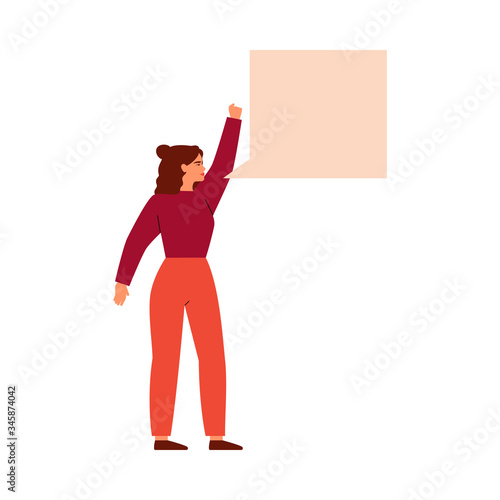 Young Strong girl activist talks speech bubble. Women activists are calling for votes. Voting and Election concept. Vector illustration