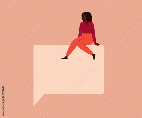 Young black woman sits on a big speech square bubble. Free speech concept. Vector illustration